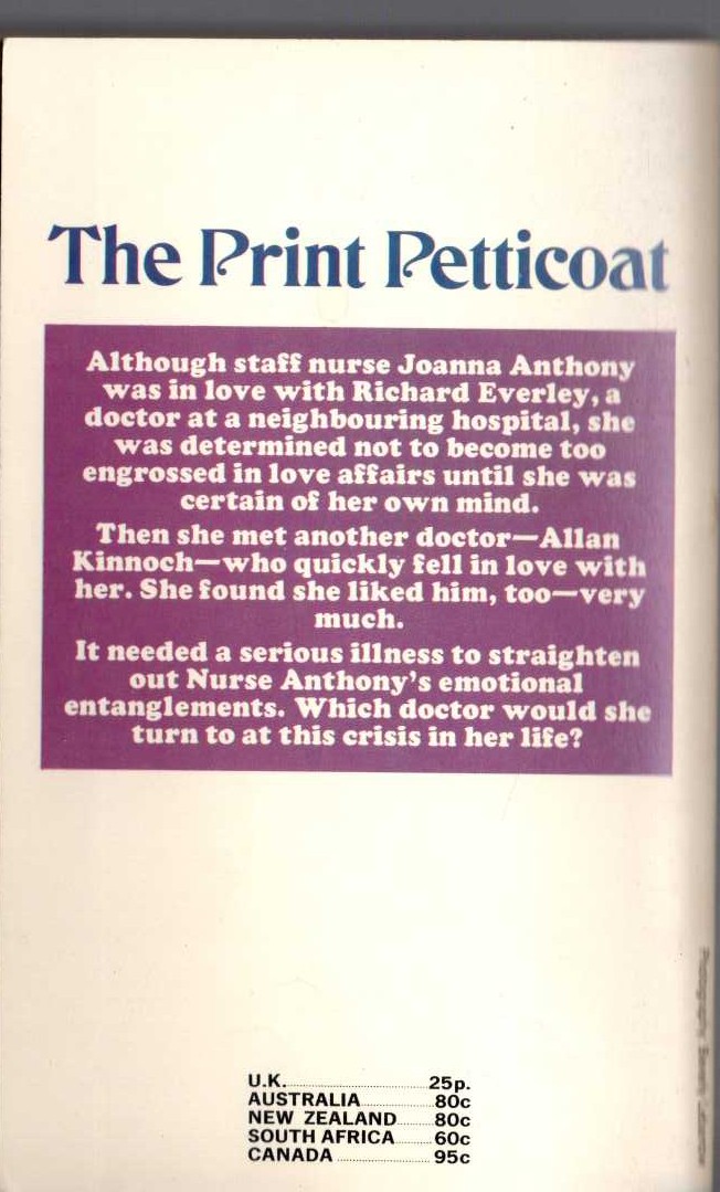 Lucilla Andrews  THE PRINT PETTICOAT magnified rear book cover image