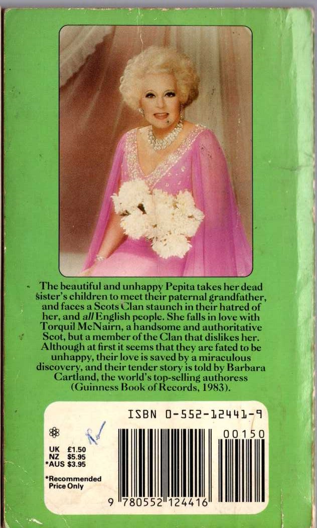 Barbara Cartland  THE SCOTS NEVER FORGET magnified rear book cover image