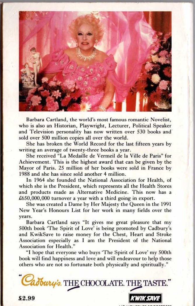 Barbara Cartland  THE SPIRIT OF LOVE magnified rear book cover image