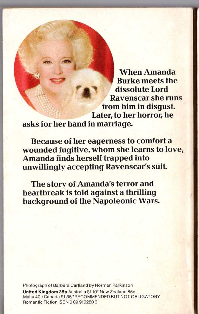 Barbara Cartland  THE WINGS OF LOVE magnified rear book cover image