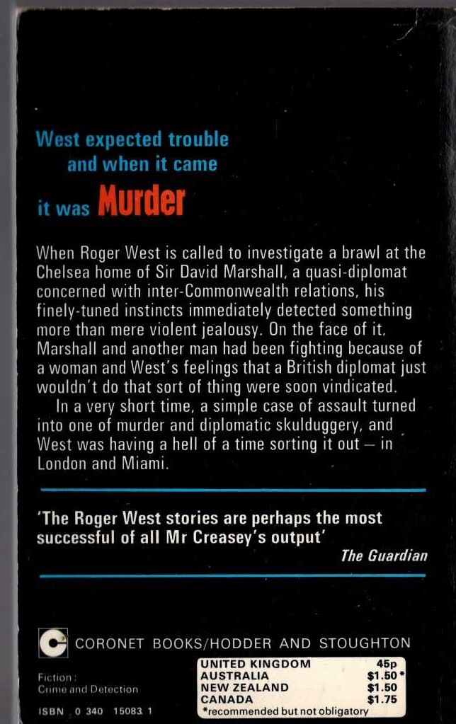 John Creasey  MURDER, LONDON - MIAMI (Roger West) magnified rear book cover image