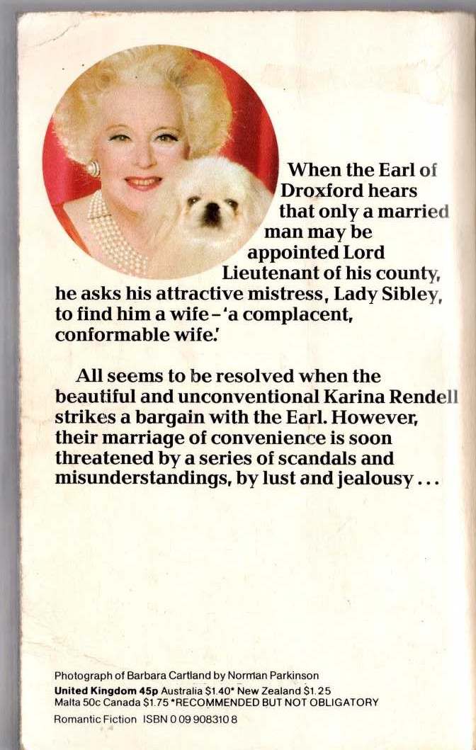 Barbara Cartland  THE COMPLACENT WIFE magnified rear book cover image