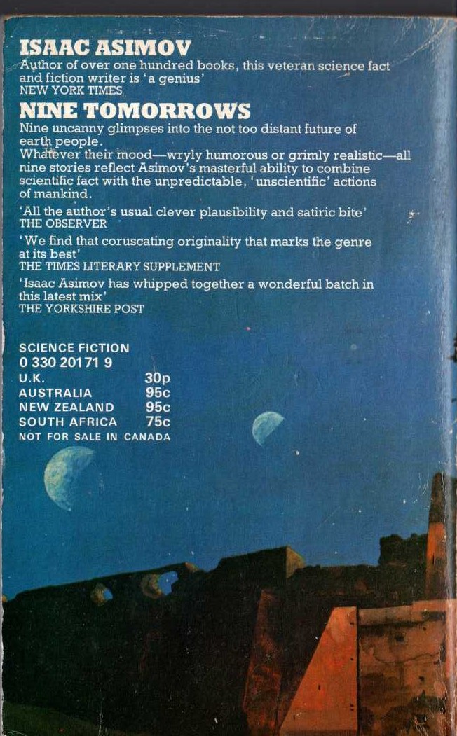 Isaac Asimov  NINE TOMORROWS magnified rear book cover image