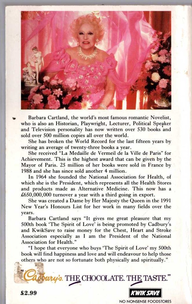 Barbara Cartland  THE SPIRIT OF LOVE magnified rear book cover image