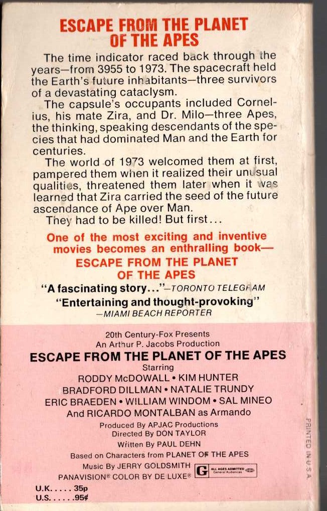 Jerry Pournelle  ESCAPE FROM THE PLANET OF THE APES magnified rear book cover image