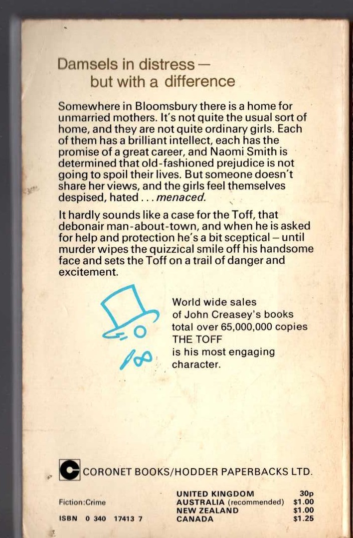 John Creasey  THE TOFF AND THE FALLEN ANGELS magnified rear book cover image
