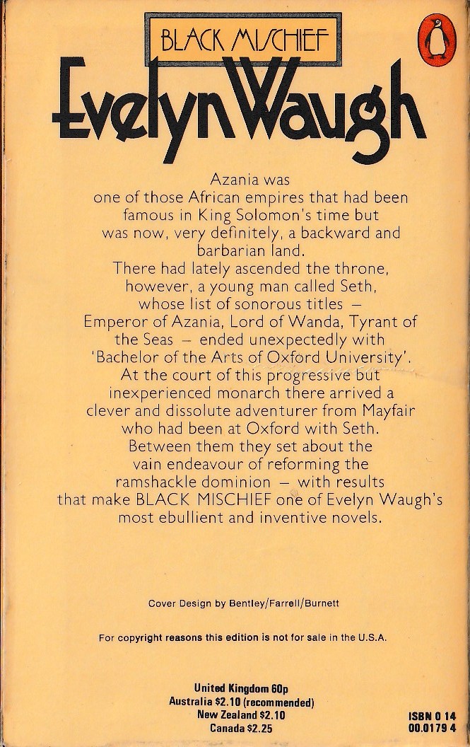 Evelyn Waugh  BLACK MISCHIEF magnified rear book cover image