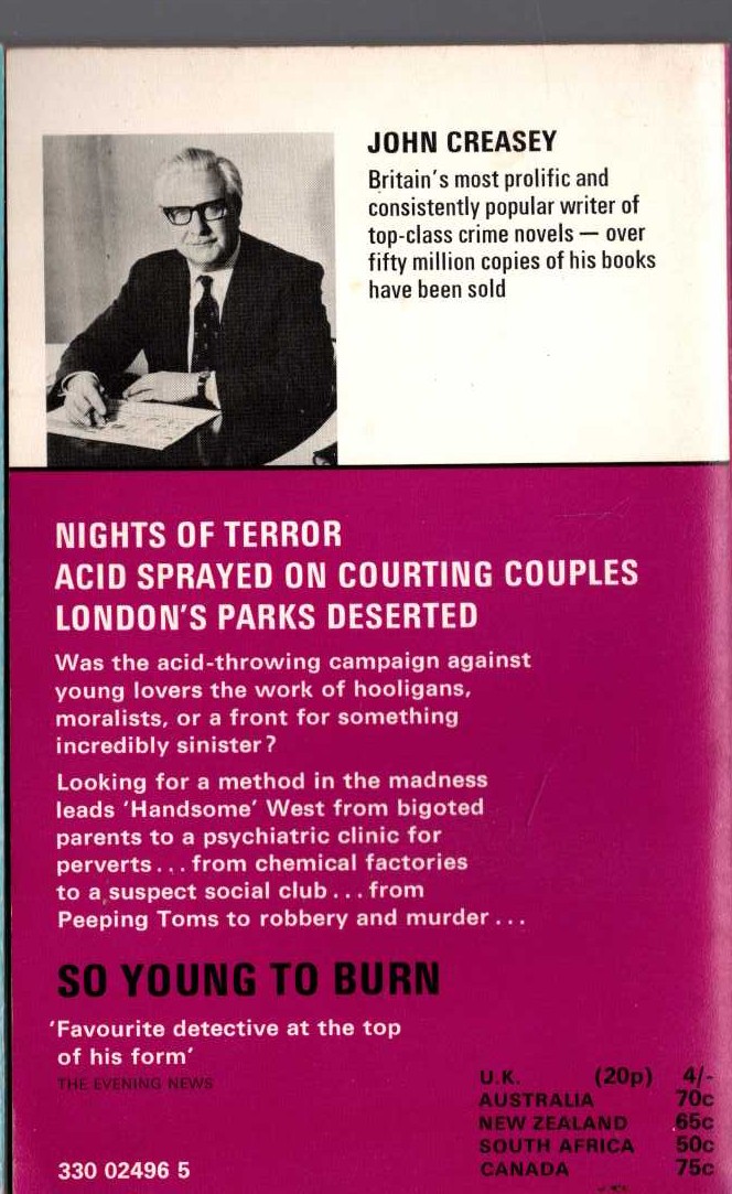 John Creasey  SO YOUNG TO BURN magnified rear book cover image