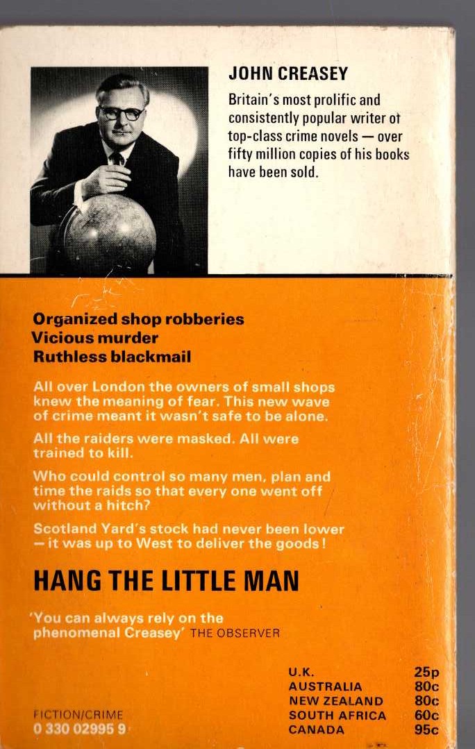 John Creasey  HANG THE LITTLE MAN magnified rear book cover image