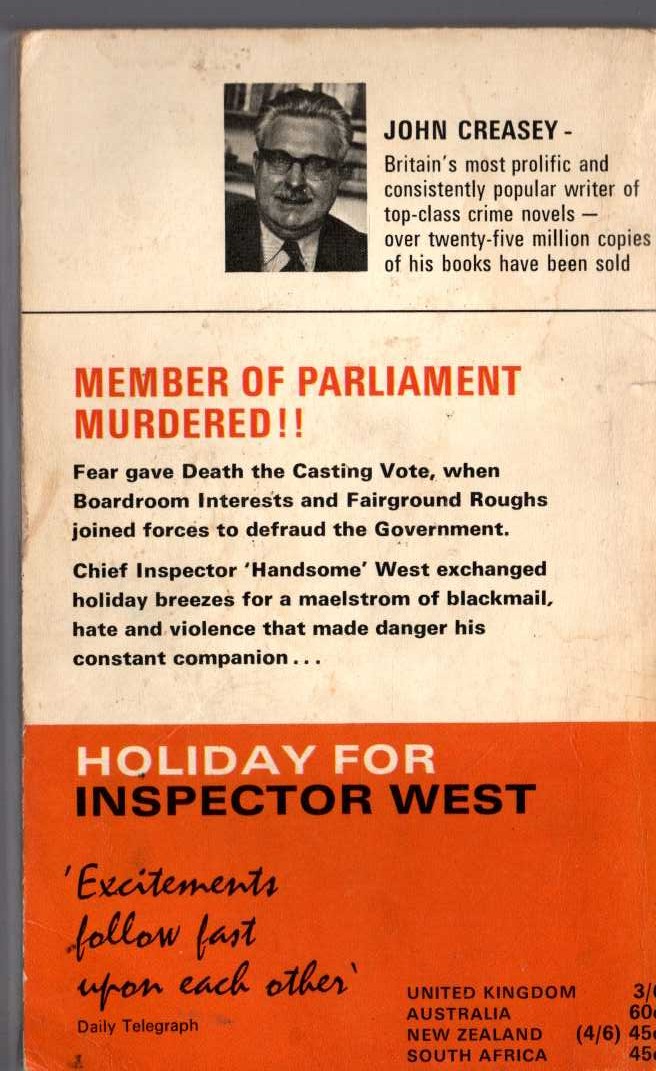 John Creasey  HOLIDAY FOR INSPECTOR WEST magnified rear book cover image
