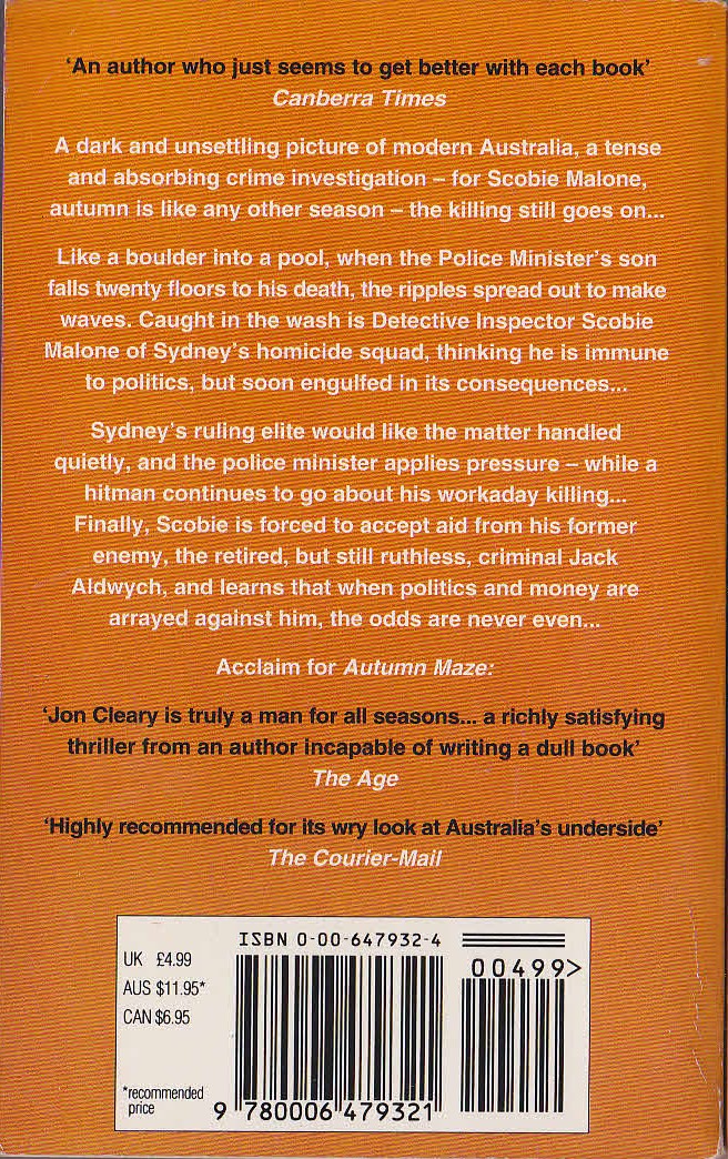 Jon Cleary  AUTUMN MAZE magnified rear book cover image