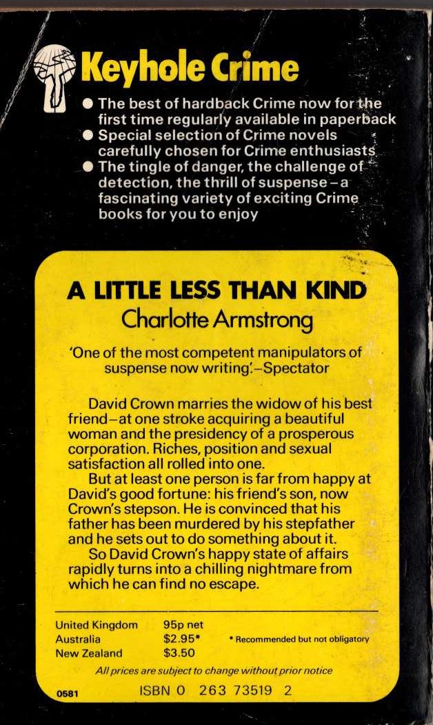 Charlotte Armstrong  A LITTLE LESS THAN KIND magnified rear book cover image