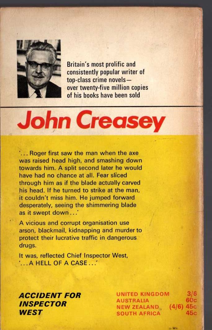 John Creasey  ACCIDENT FOR INSPECTOR WEST magnified rear book cover image
