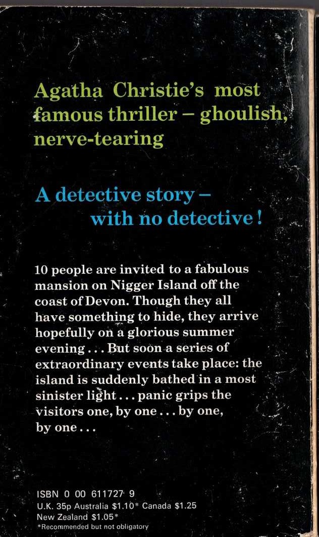 Agatha Christie  TEN LITTLE NIGGERS magnified rear book cover image