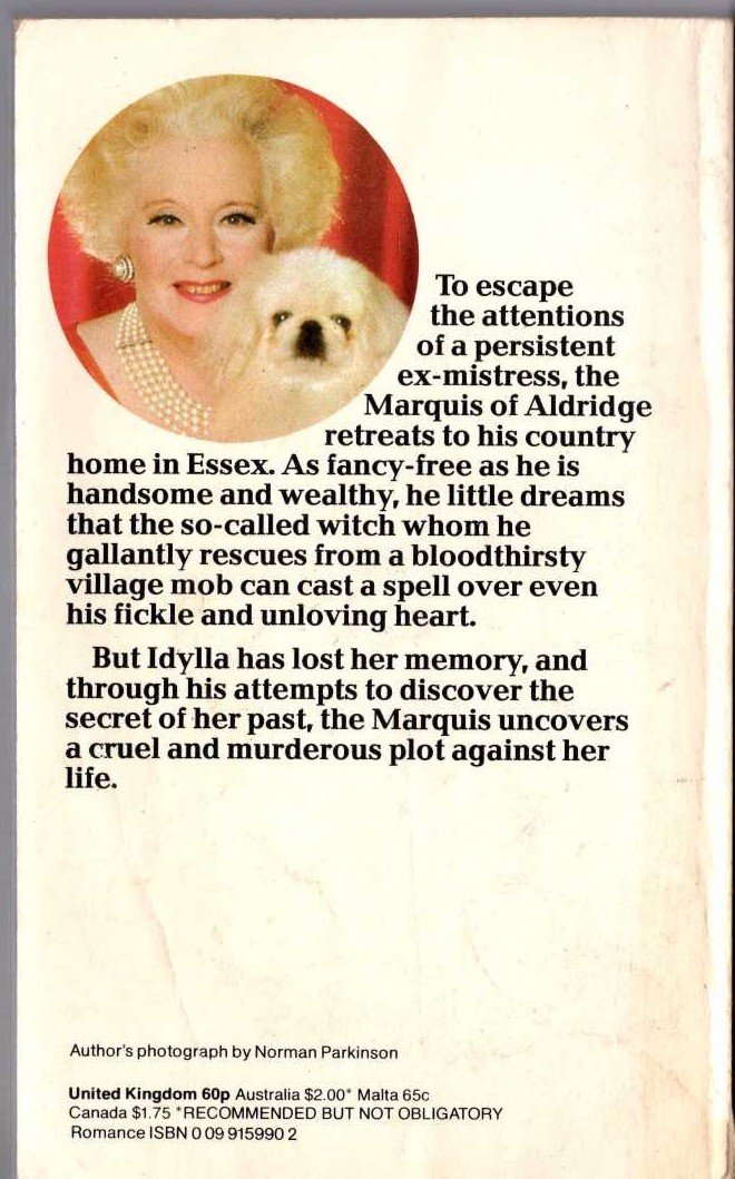 Barbara Cartland  THE BLUE-EYED WITCH magnified rear book cover image