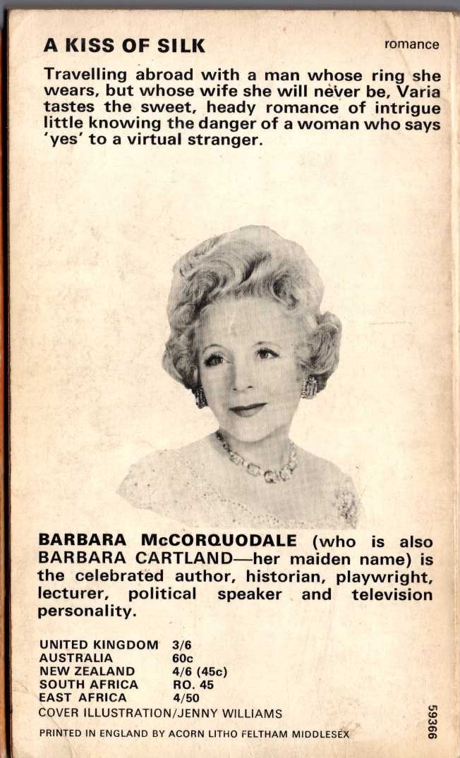 (Barbara Cartland writing as Barbara McCorquodale) A KISS OF SILK magnified rear book cover image