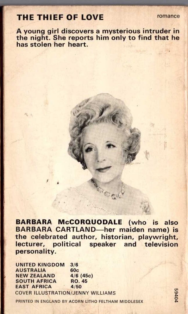 Barbara Cartland  THE THIEF OF LOVE magnified rear book cover image