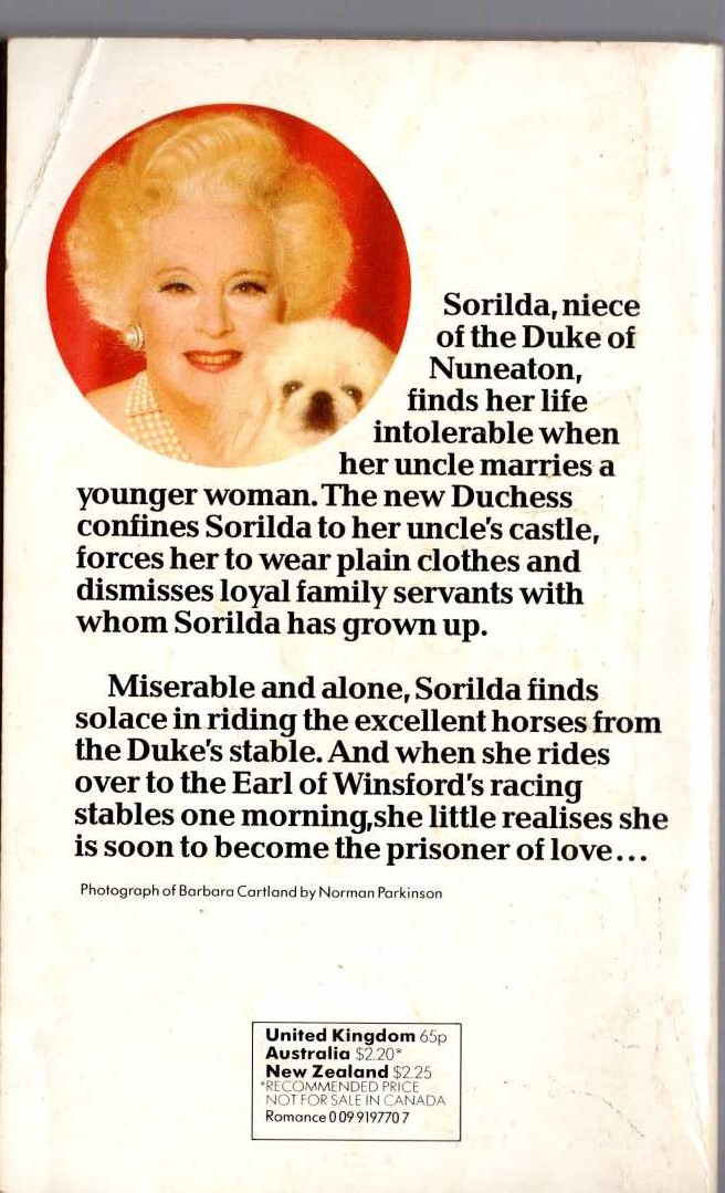 Barbara Cartland  THE PRISONER OF LOVE magnified rear book cover image