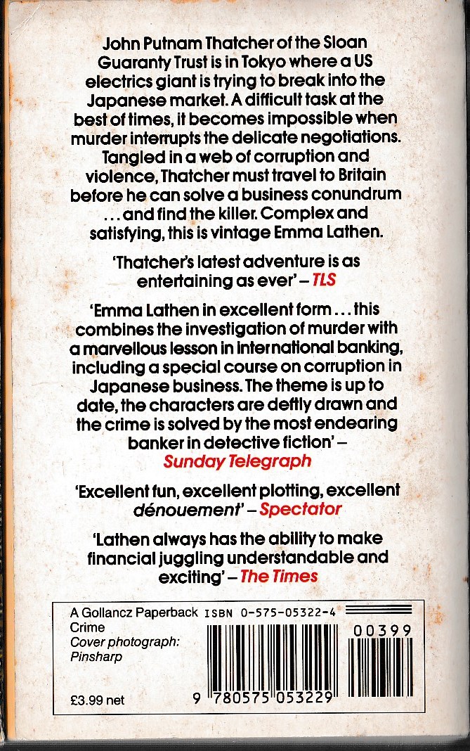 Emma Lathen  EAST IS EAST magnified rear book cover image