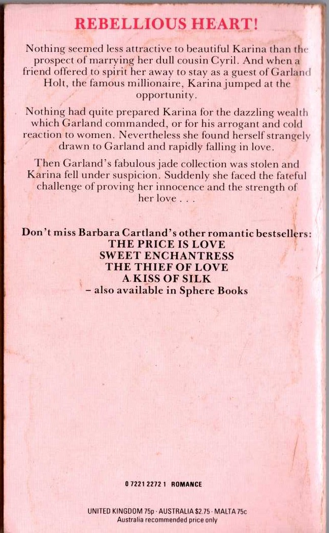 Barbara Cartland  THE RUNAWAY HEART magnified rear book cover image