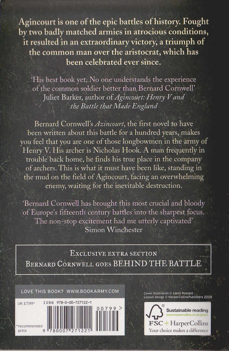 Bernard Cornwell  AZINCOURT magnified rear book cover image