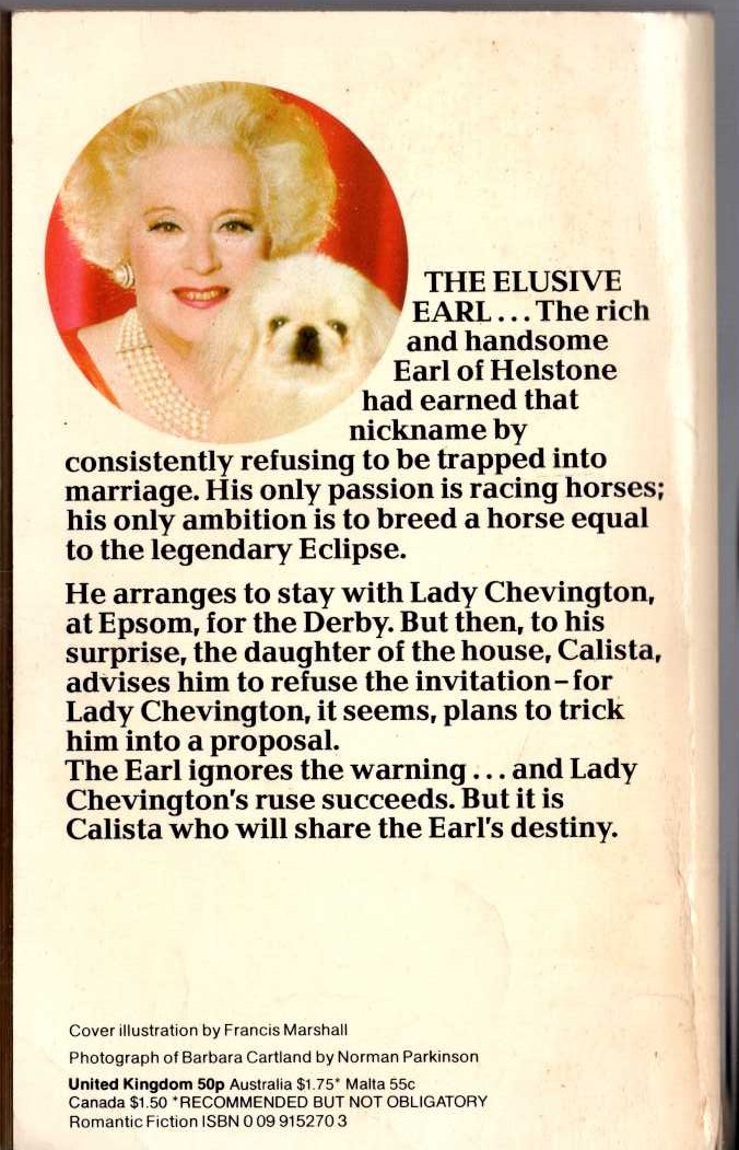 Barbara Cartland  THE ELUSIVE EARL magnified rear book cover image