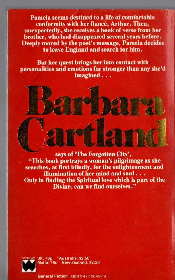 Barbara Cartland  THE FORGOTTEN CITY magnified rear book cover image