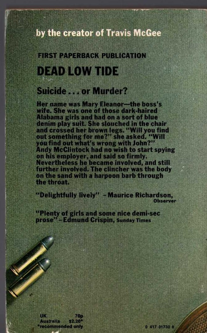 John D. MacDonald  DEAD LOW TIDE magnified rear book cover image
