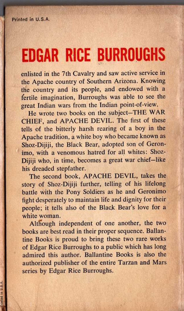 Edgar Rice Burroughs  APACHE DEVIL magnified rear book cover image