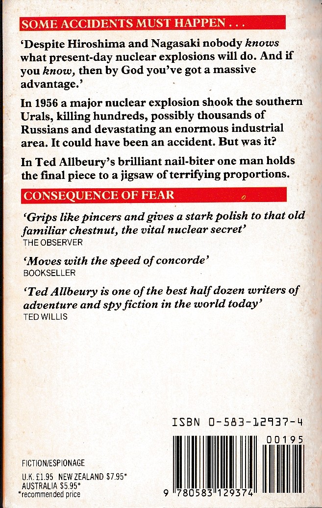 Ted Allbeury  CONSEQUENCE OF FEAR magnified rear book cover image