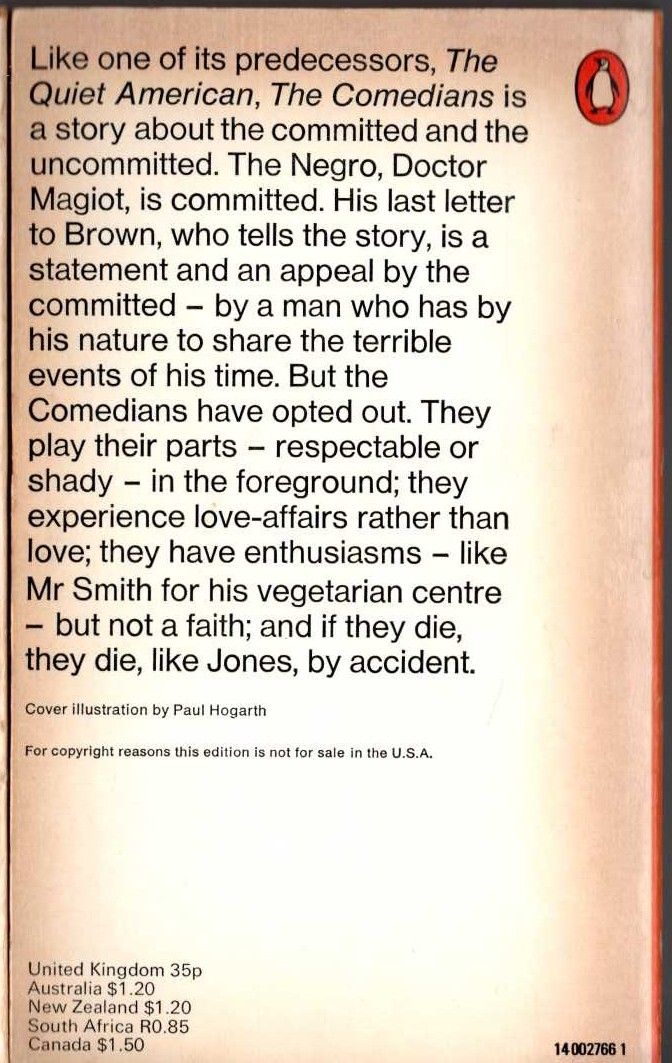 Graham Greene  THE COMEDIANS magnified rear book cover image