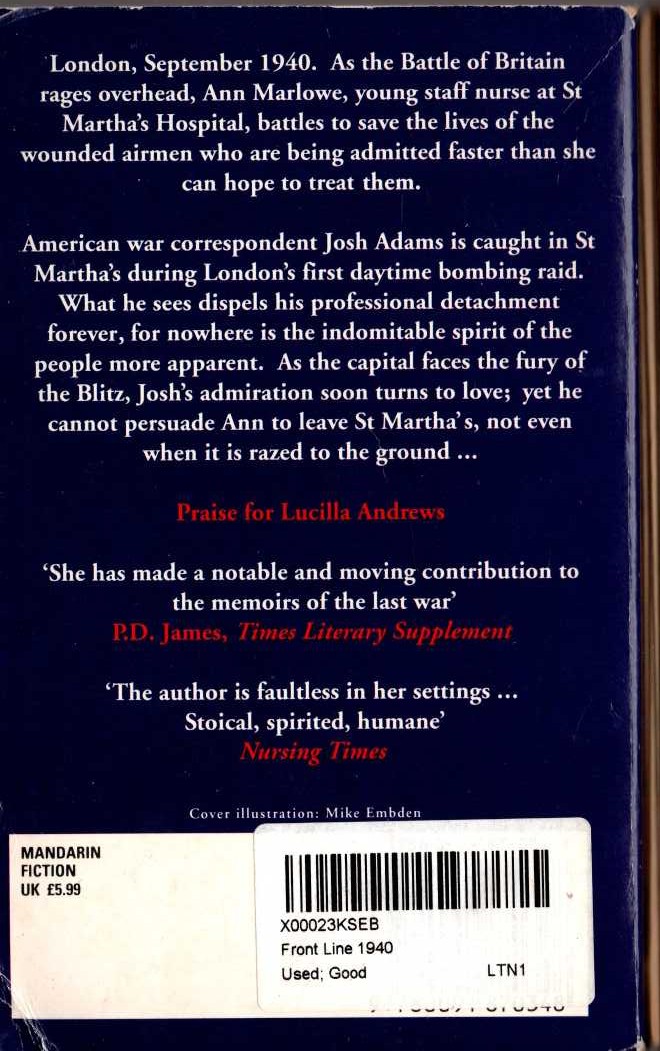 Lucilla Andrews  FRONTLINE 1940 magnified rear book cover image
