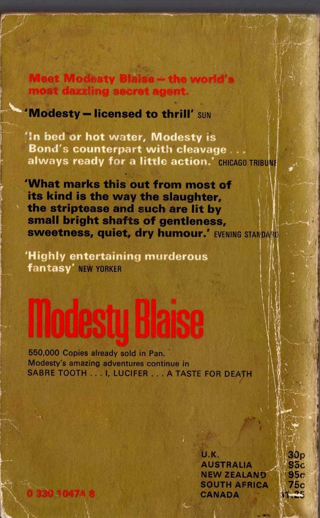 Peter O'Donnell  MODESTY BLAISE magnified rear book cover image