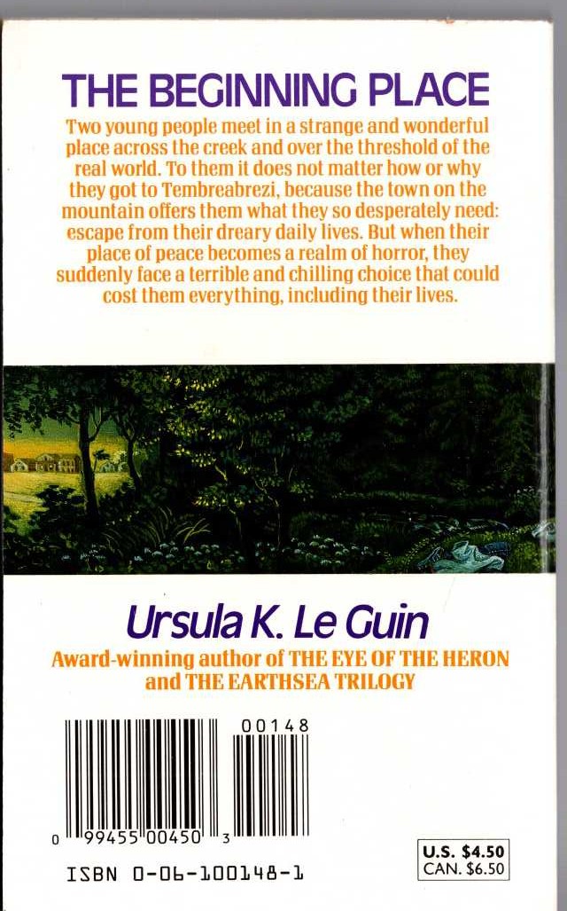 Ursula Le Guin  THE BEGINNING PLACE magnified rear book cover image