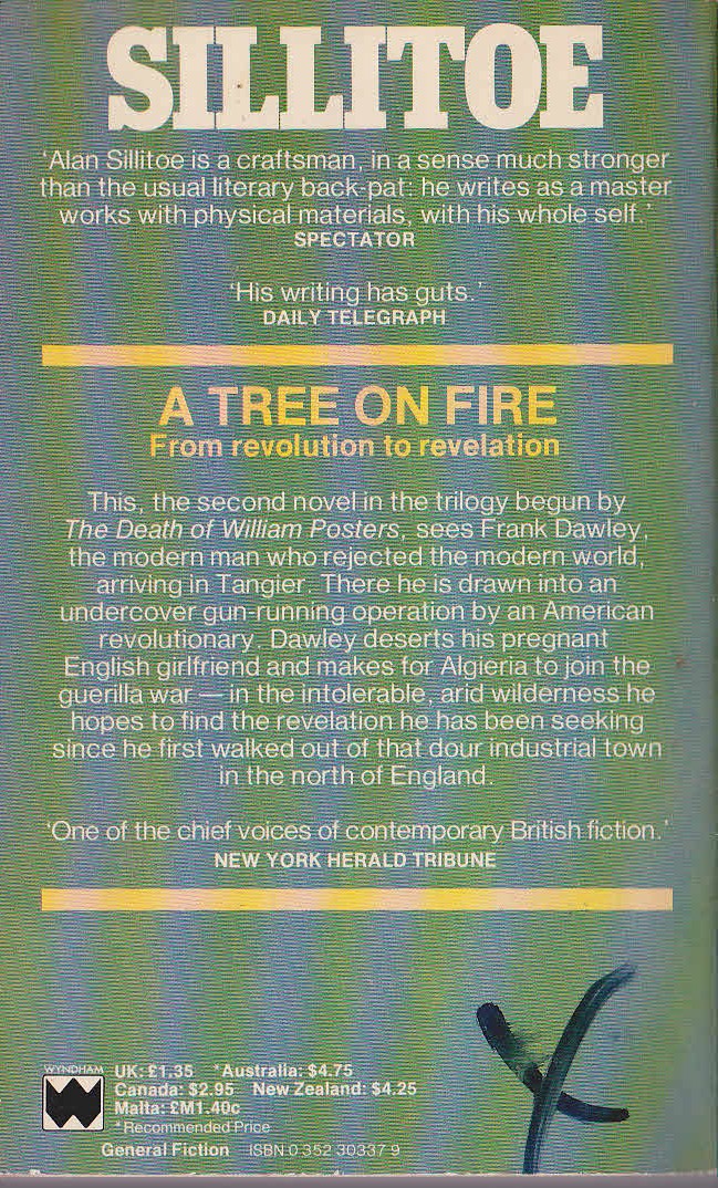 Alan Sillitoe  A TREE ON FIRE magnified rear book cover image