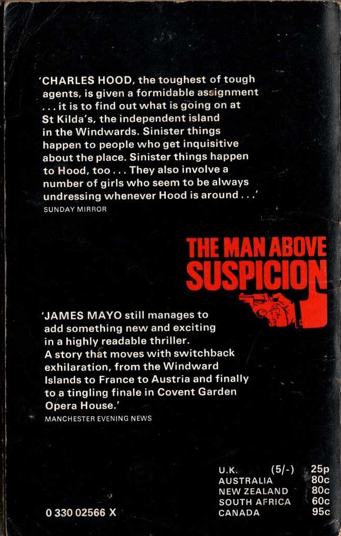 James Mayo  THE MAN ABOVE SUSPICION magnified rear book cover image
