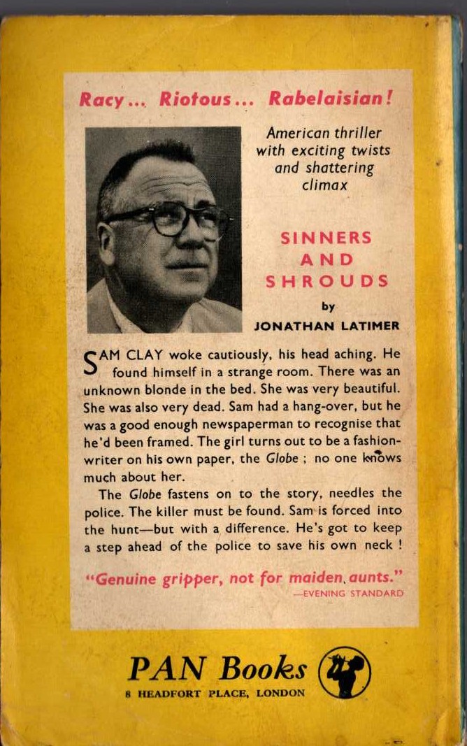 Jonathan Latimer  SINNERS AND SHROUDS magnified rear book cover image