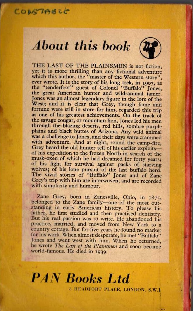 Zane Grey  THE LAST OF THE PLAINSMEN magnified rear book cover image