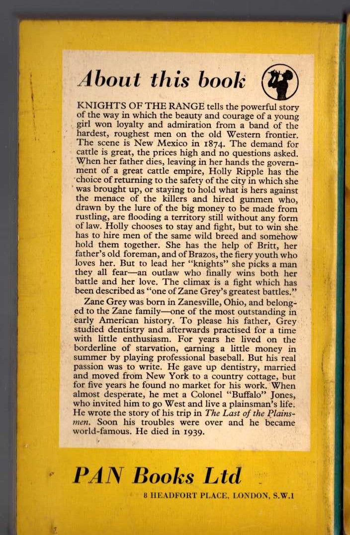 Zane Grey  KNIGHTS OF THE RANGE magnified rear book cover image