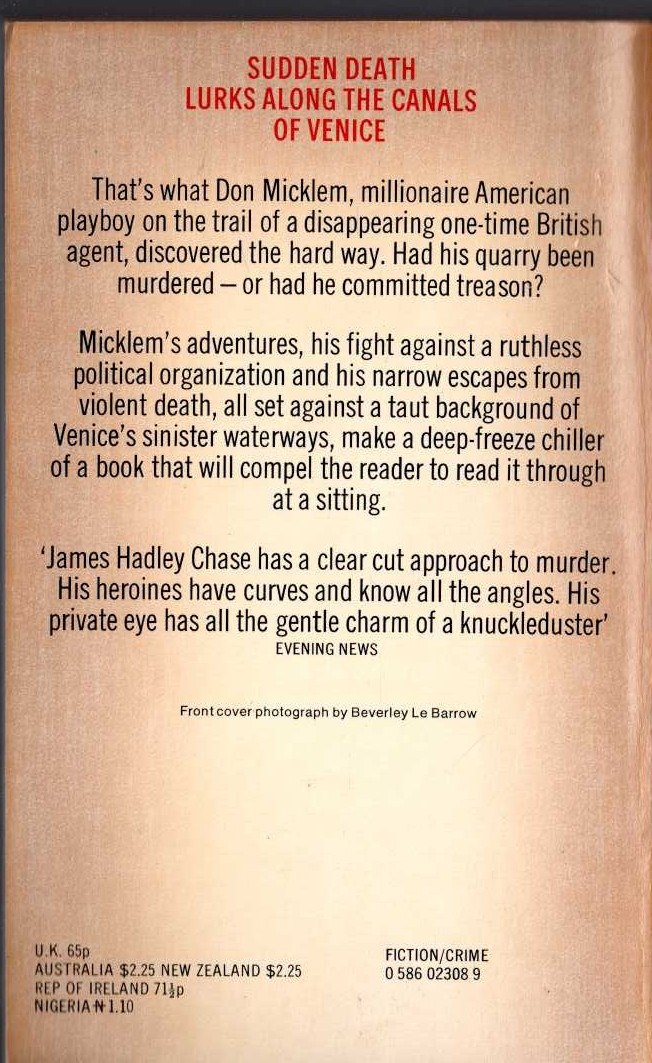 James Hadley Chase  MISSION TO VENICE magnified rear book cover image