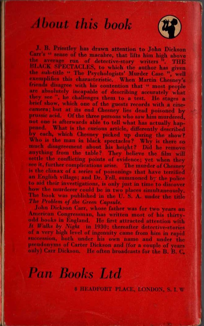 John Dickson Carr  THE BLACK SPECTACLES magnified rear book cover image