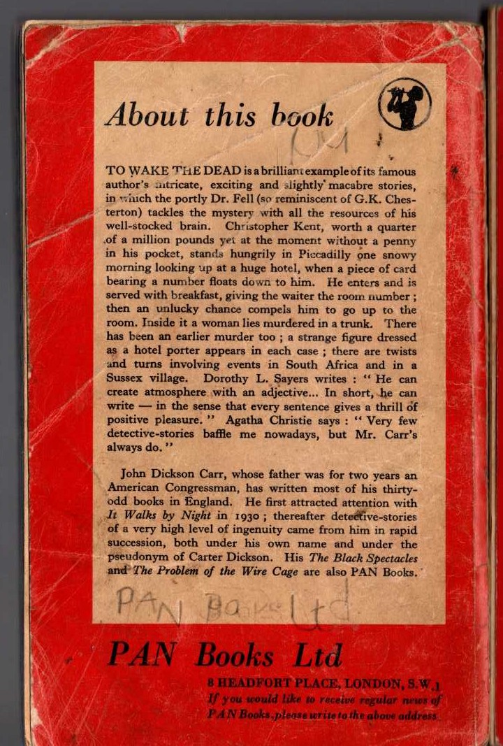 John Dickson Carr  TO WAKE THE DEAD magnified rear book cover image