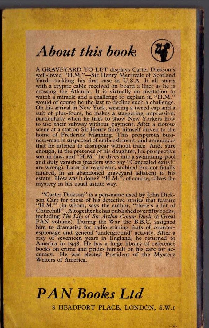 Carter Dickson  A GRAVEYARD TO LET magnified rear book cover image