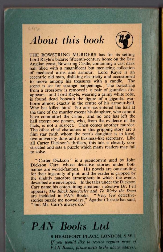 Carter Dickson  THE BOWSTRING MURDERS magnified rear book cover image