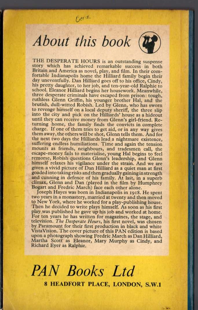 Joseph Hayes  THE DESPERATE HOURS magnified rear book cover image