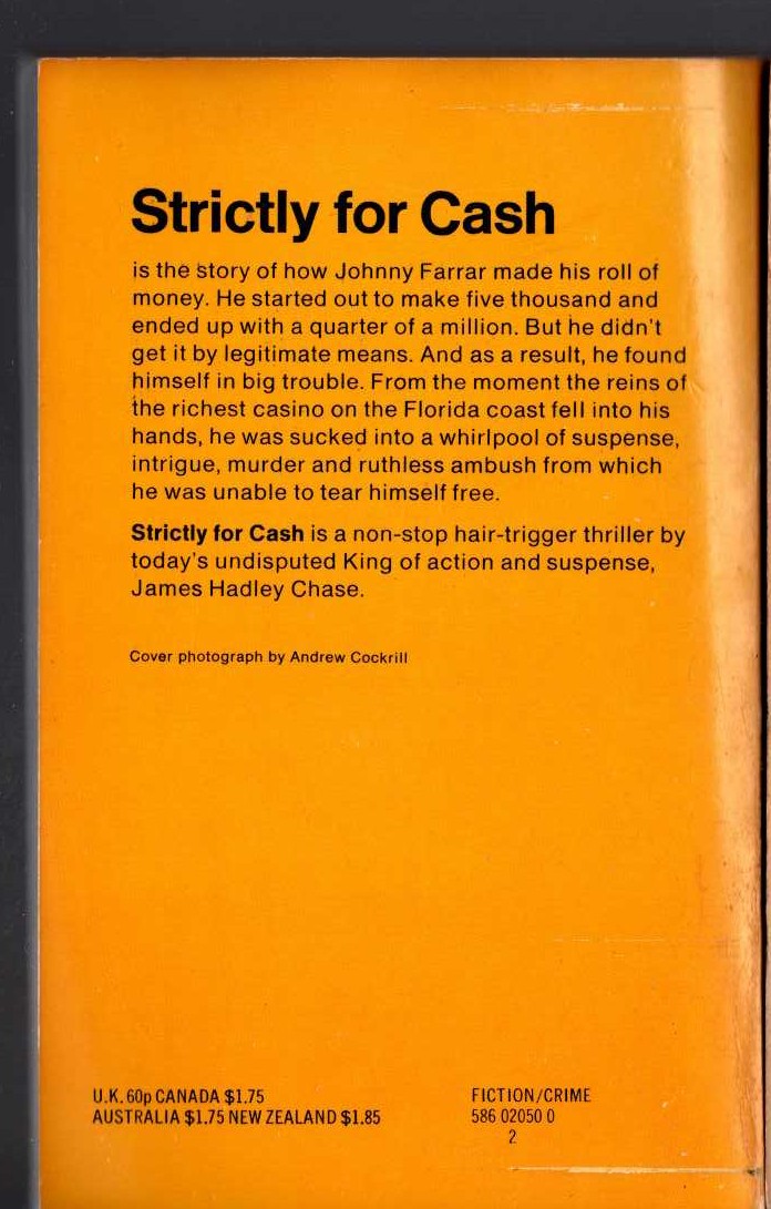 James Hadley Chase  STRICTLY FOR CASH magnified rear book cover image