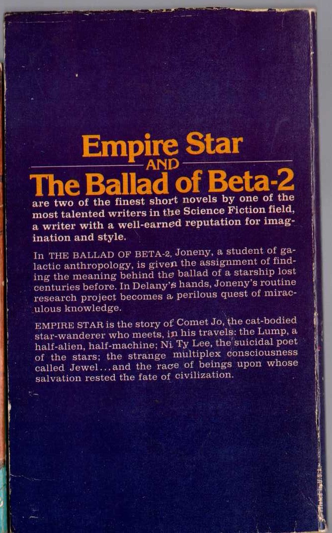Samuel R. Delany  THE BALLAD OF BETA-2 and EMPIRE STAR magnified rear book cover image