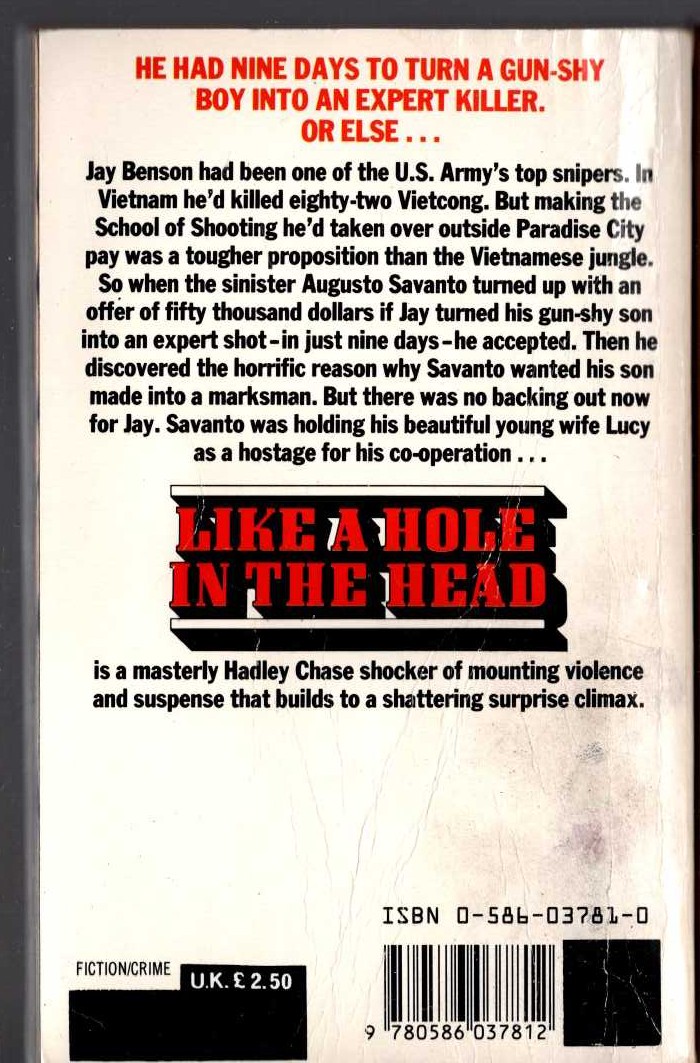 James Hadley Chase  LIKE A HOLE IN THE HEAD magnified rear book cover image