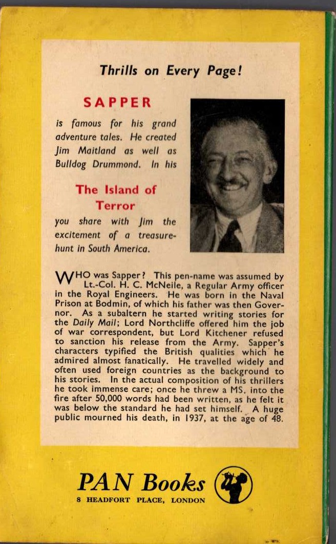 Sapper   THE ISLAND OF TERROR magnified rear book cover image