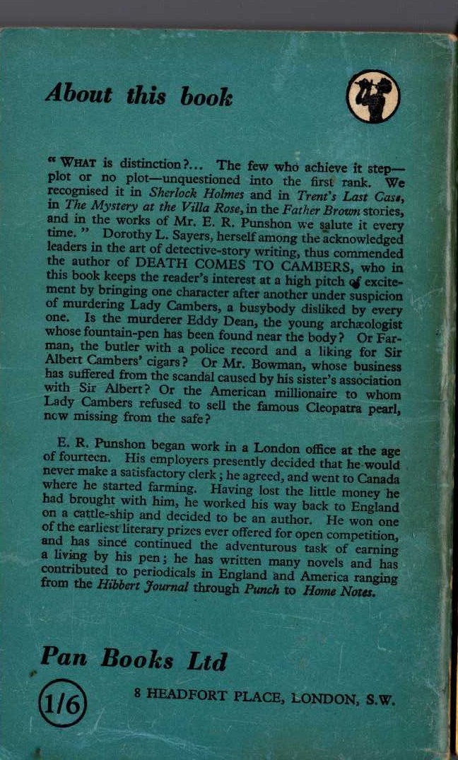 E.R. Punchon  DEATH COMES TO CAMBERS magnified rear book cover image